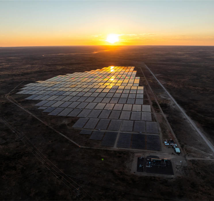 A solar farm during sunset