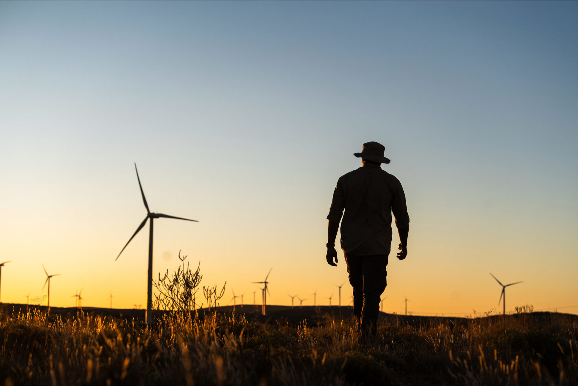 The silhouette of a farmer walking through a wind farm