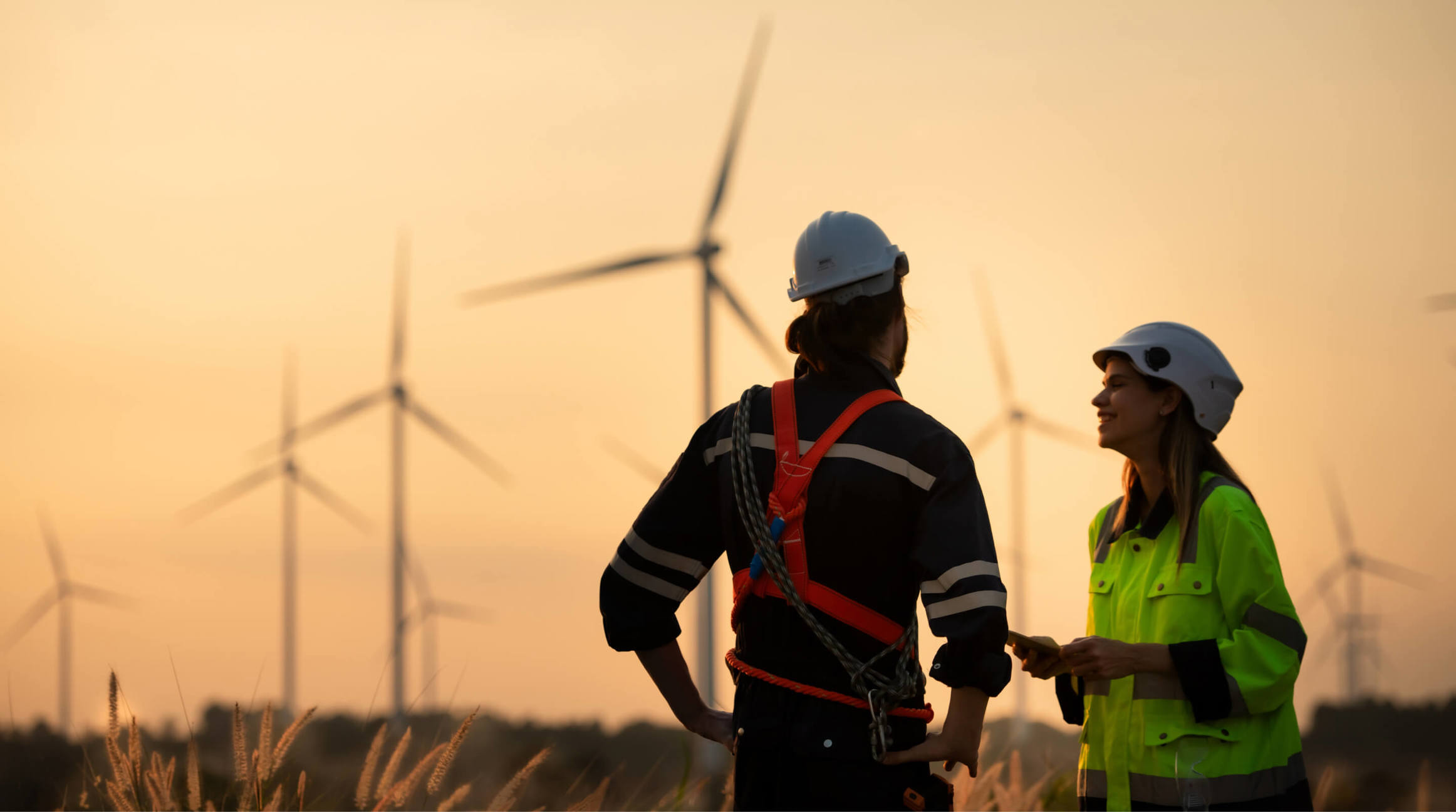 Two workers in a wind farm 