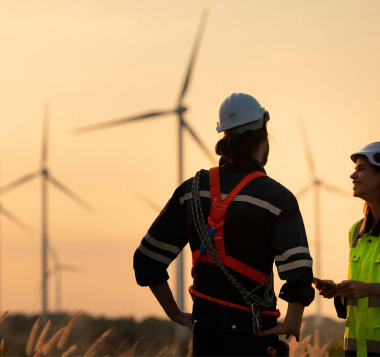 Two workers in a wind farm 