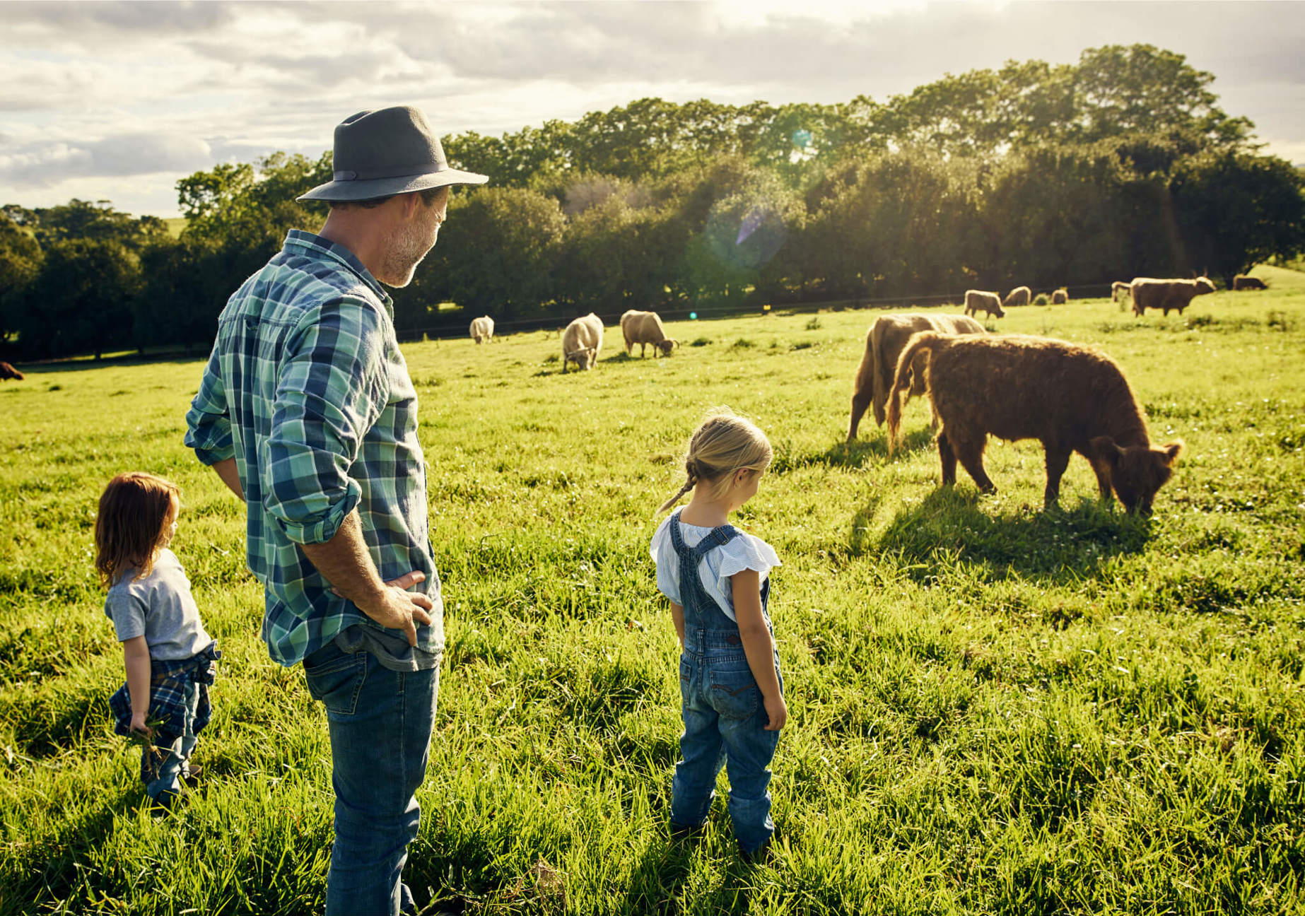 Farmer and two children in a paddock with cows